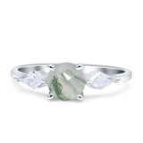 Three Stone Round Natural Green Moss Agate Two Kite CZ Trio Ring 925 Sterling Silver