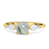 Three Stone Round Natural Green Moss Agate Two Kite CZ Trio Ring 925 Sterling Silver