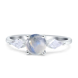 Three Stone Round Natural Moonstone Two Kite CZ Trio Ring 925 Sterling Silver