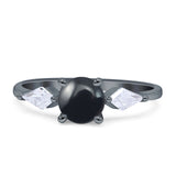 Three Stone Round Natural Black Onyx Two Kite CZ Trio Ring 925 Sterling Silver