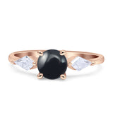 Three Stone Round Natural Black Onyx Two Kite CZ Trio Ring 925 Sterling Silver