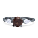 Three Stone Round Natural Chocolate Smoky Quartz Two Kite CZ Trio Ring 925 Sterling Silver