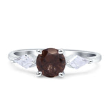 Three Stone Round Natural Chocolate Smoky Quartz Two Kite CZ Trio Ring 925 Sterling Silver