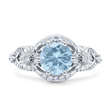 Two Sunflower Design Round Natural Aquamarine Ring 925 Sterling Silver