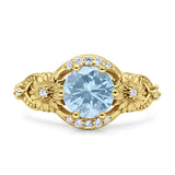Two Sunflower Design Round Natural Aquamarine Ring 925 Sterling Silver