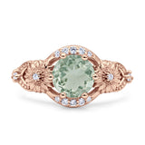 Two Sunflower Design Round Natural Green Amethyst Prasiolite Ring 925 Sterling Silver