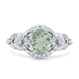 Two Sunflower Design Round Natural Green Amethyst Prasiolite Ring 925 Sterling Silver