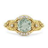 Two Sunflower Design Round Natural Green Amethyst Prasiolite Ring 925 Sterling Silver