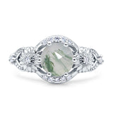 Two Sunflower Design Round Natural Green Moss Agate Ring 925 Sterling Silver