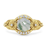 Two Sunflower Design Round Natural Green Moss Agate Ring 925 Sterling Silver