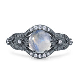 Two Sunflower Design Round Natural Moonstone Ring 925 Sterling Silver