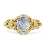 Two Sunflower Design Round Natural Moonstone Ring 925 Sterling Silver
