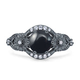 Two Sunflower Design Round Natural Black Onyx Ring 925 Sterling Silver