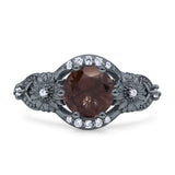 Two Sunflower Design Round Natural Chocolate Smoky Quartz Ring 925 Sterling Silver