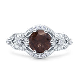 Two Sunflower Design Round Natural Chocolate Smoky Quartz Ring 925 Sterling Silver