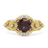 Two Sunflower Design Round Natural Chocolate Smoky Quartz Ring 925 Sterling Silver
