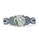 Vintage Style Sunflower Marquise Round Natural Green Moss Agate Ring 925 Sterling Silver