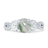Vintage Style Sunflower Marquise Round Natural Green Moss Agate Ring 925 Sterling Silver