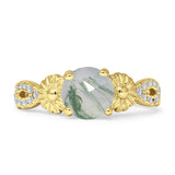 Vintage Style Sunflower Marquise Round Natural Green Moss Agate Ring 925 Sterling Silver