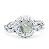 Sunflower Ring Infinity Twisted Round Natural Green Moss Agate 925 Sterling Silver