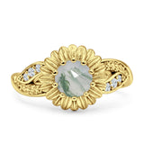 Sunflower Ring Infinity Twisted Round Natural Green Moss Agate 925 Sterling Silver