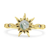 Sun Ring Round Natural Green Moss Agate 925 Sterling Silver