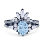 Art Deco Oval Natural Aquamarine Engagement Ring Bridal Set