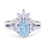 Art Deco Oval Natural Aquamarine Engagement Ring Bridal Set