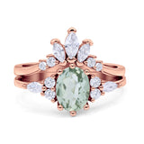 Art Deco Oval Natural Green Amethyst Engagement Ring Bridal Set
