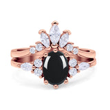Art Deco Oval Natural Black Onyx Engagement Ring Bridal Set