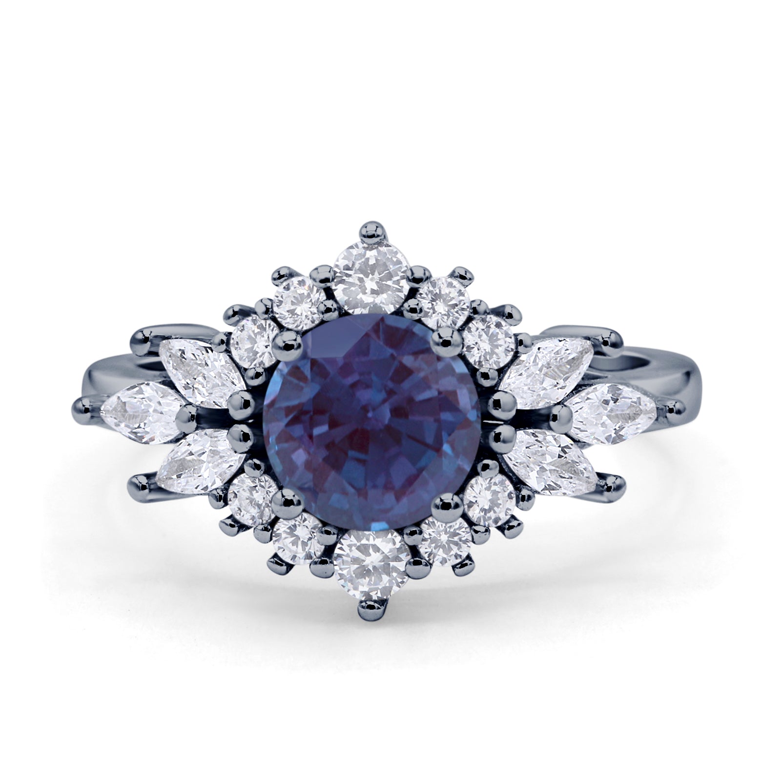 Art Deco Round Lab Alexandrite Engagement Ring With CZ Accents