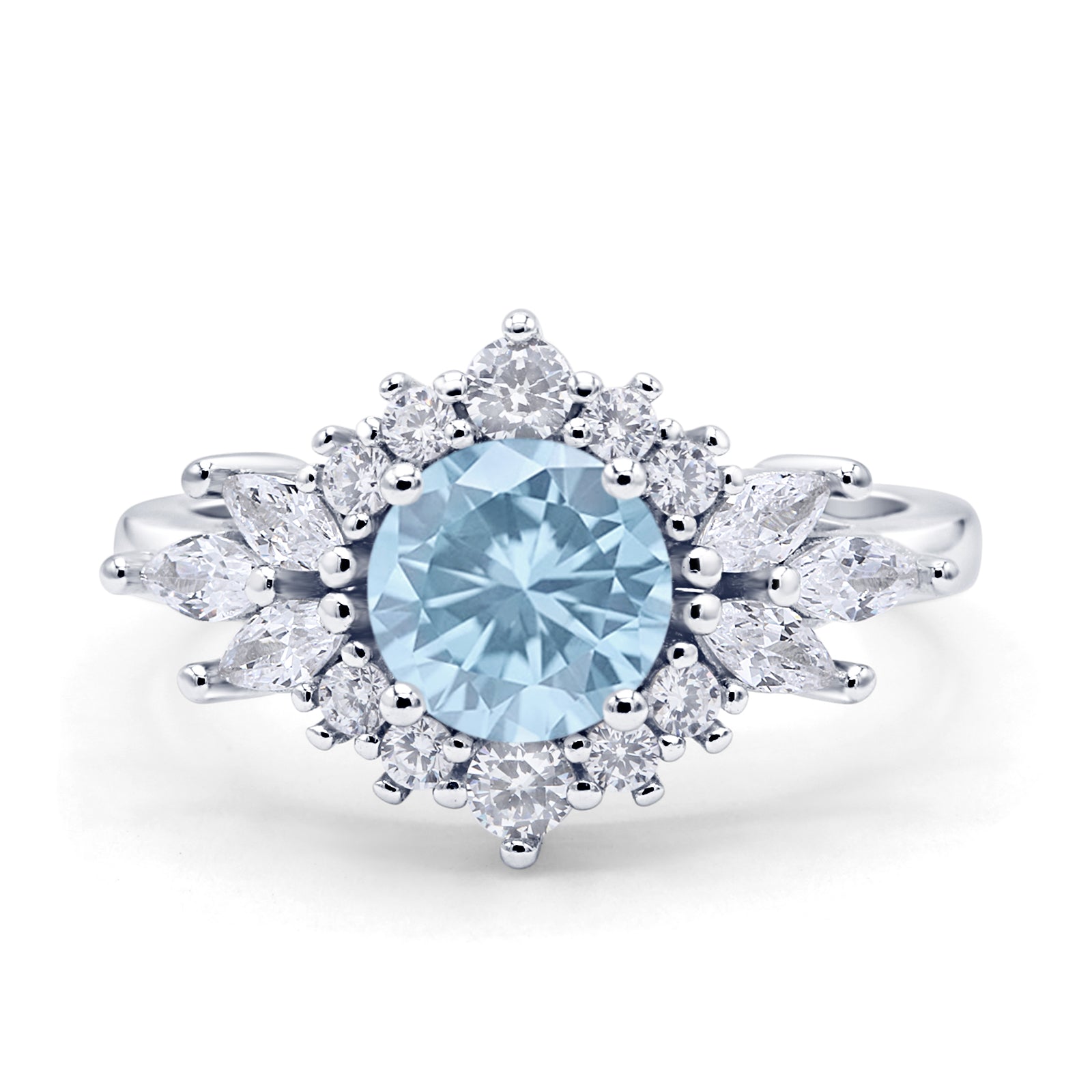 Art Deco Round Natural Aquamarine Engagement Ring With CZ Accents