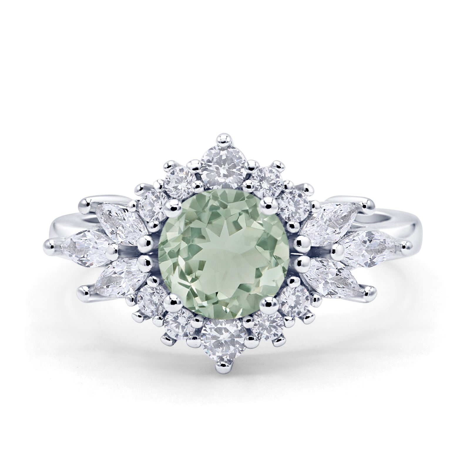 Art Deco Round Natural Green Amethyst Engagement Ring With CZ Accents