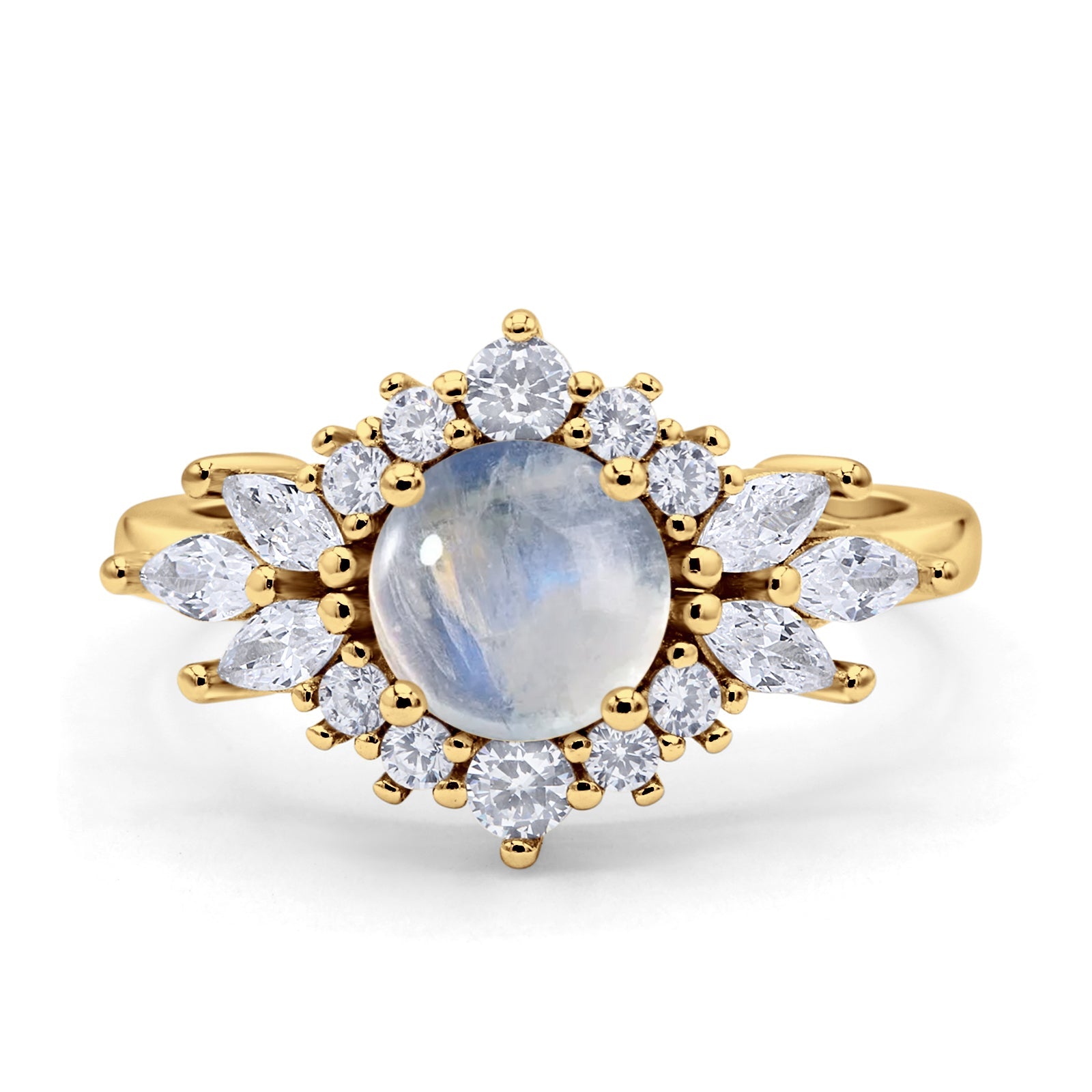 Art Deco Round Natural Moonstone Engagement Ring With CZ Accents