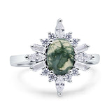 Vintage Style Halo Oval Natural Green Moss Agate Engagement Ring