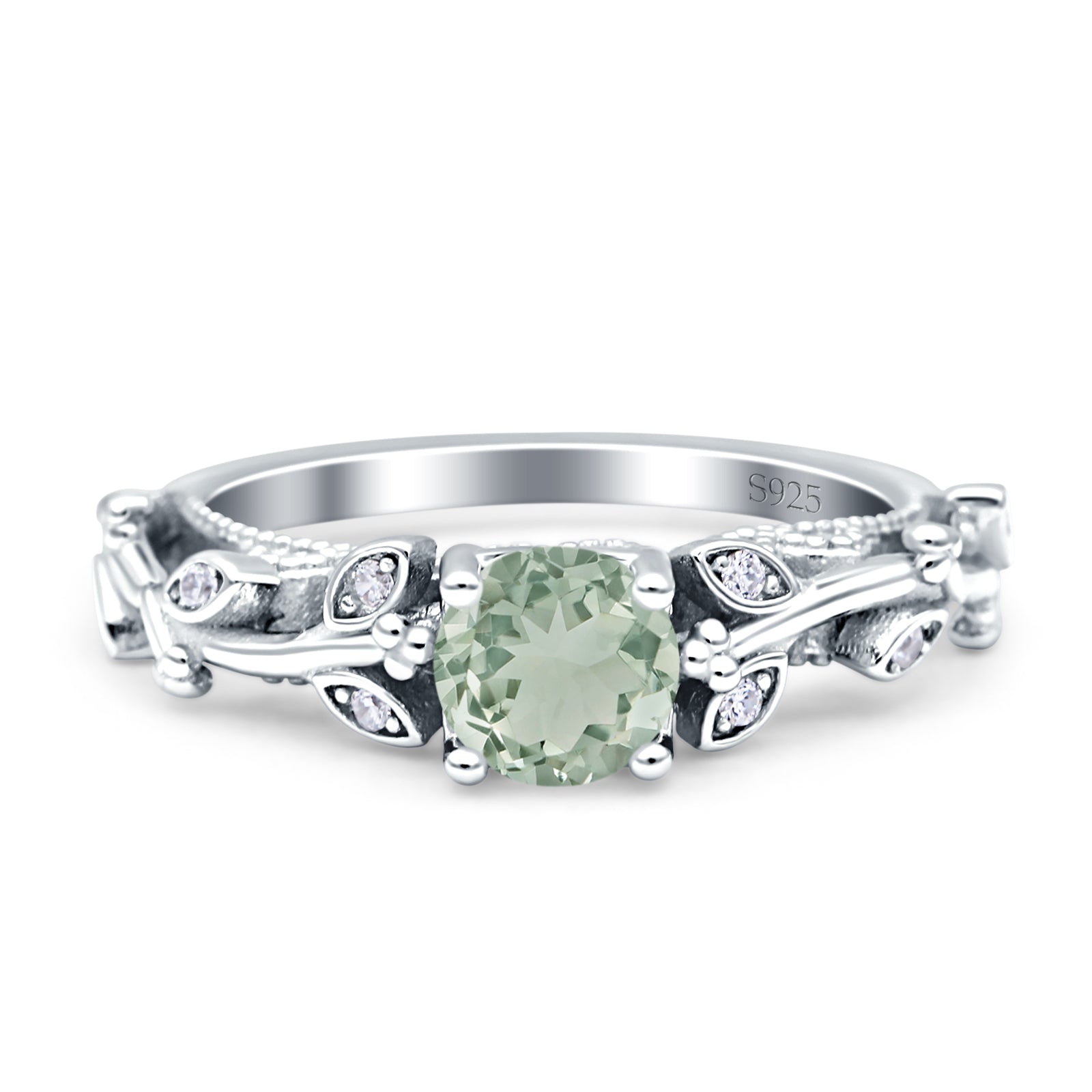 Vintage Floral Leaf Style Round Natural Green Amethyst (Prasiolite) Engagement Ring
