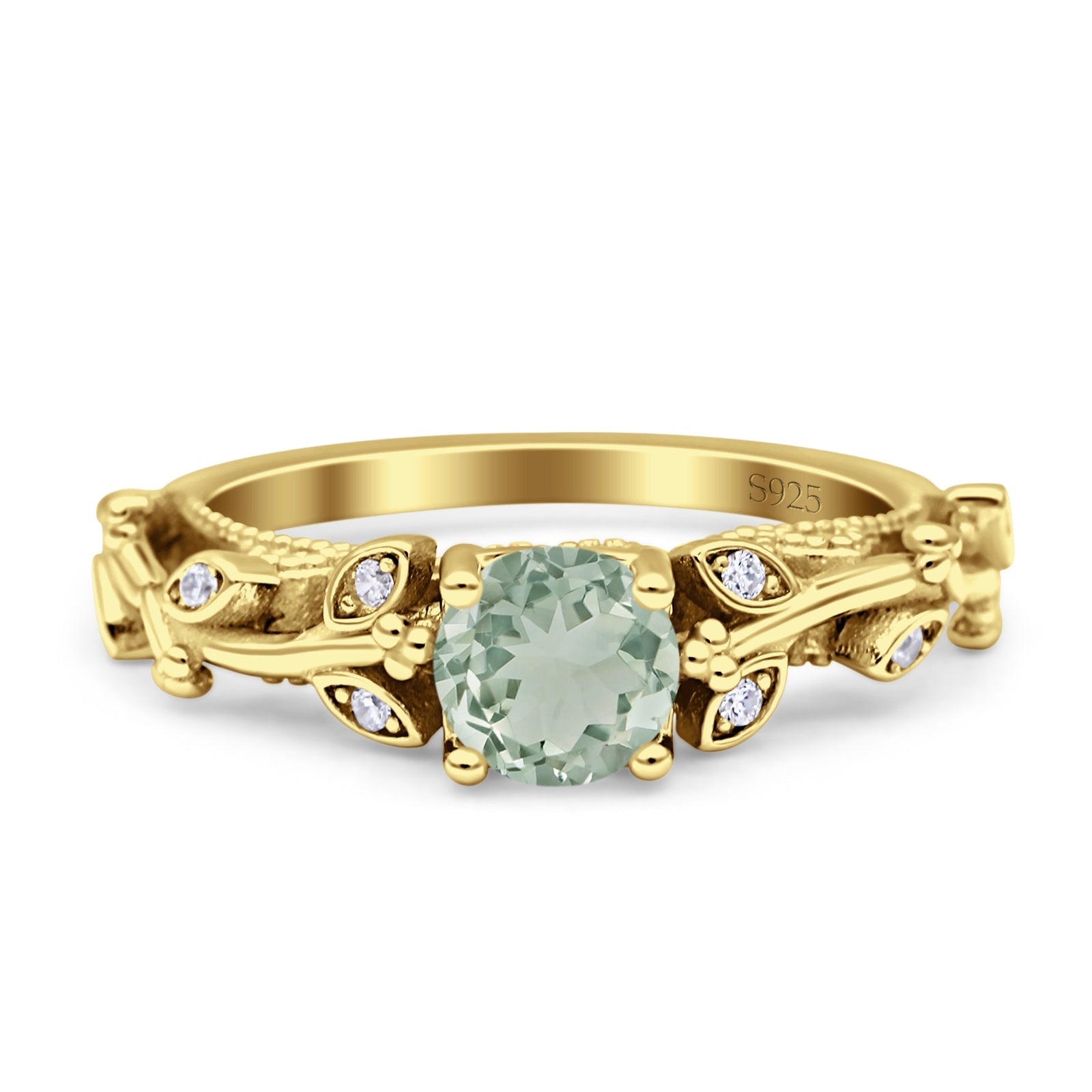 Vintage Floral Leaf Style Round Natural Green Amethyst (Prasiolite) Engagement Ring