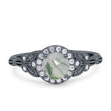 Halo Vintage Style CZ Round Natural Green Moss Agate Engagement Ring