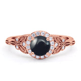 Halo Vintage Style CZ Round Natural Black Onyx Engagement Ring