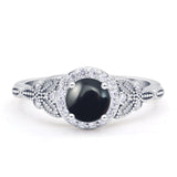 Halo Vintage Style CZ Round Natural Black Onyx Engagement Ring