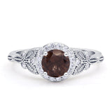 Halo Vintage Style CZ Round Natural Chocolate Brown Smoky Quartz Engagement Ring