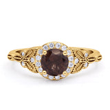 Halo Vintage Style CZ Round Natural Chocolate Brown Smoky Quartz Engagement Ring