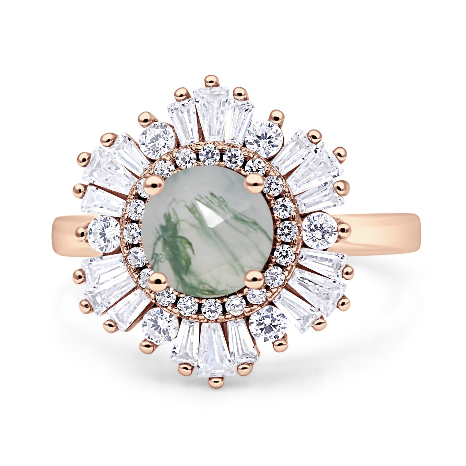 Floral Art Deco Round Natural Green Moss Agate Halo Engagement Ring