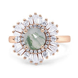 Floral Art Deco Round Natural Green Moss Agate Halo Engagement Ring