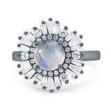 Floral Art Deco Round Natural Moonstone Halo Engagement Ring