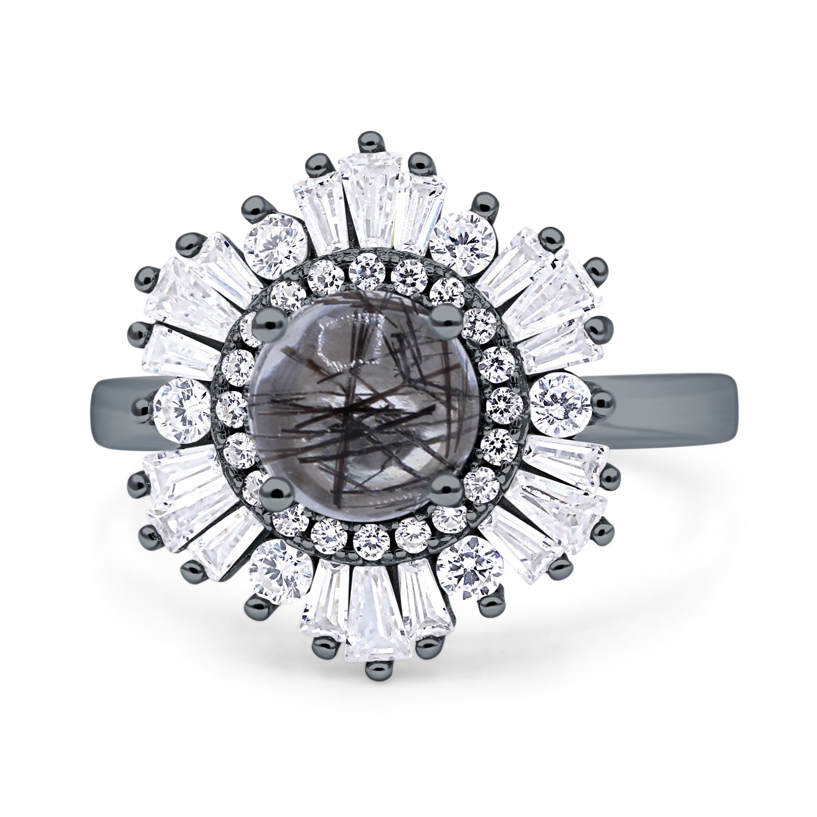 Floral Art Deco Round Natural Rutilated Quartz Halo Engagement Ring