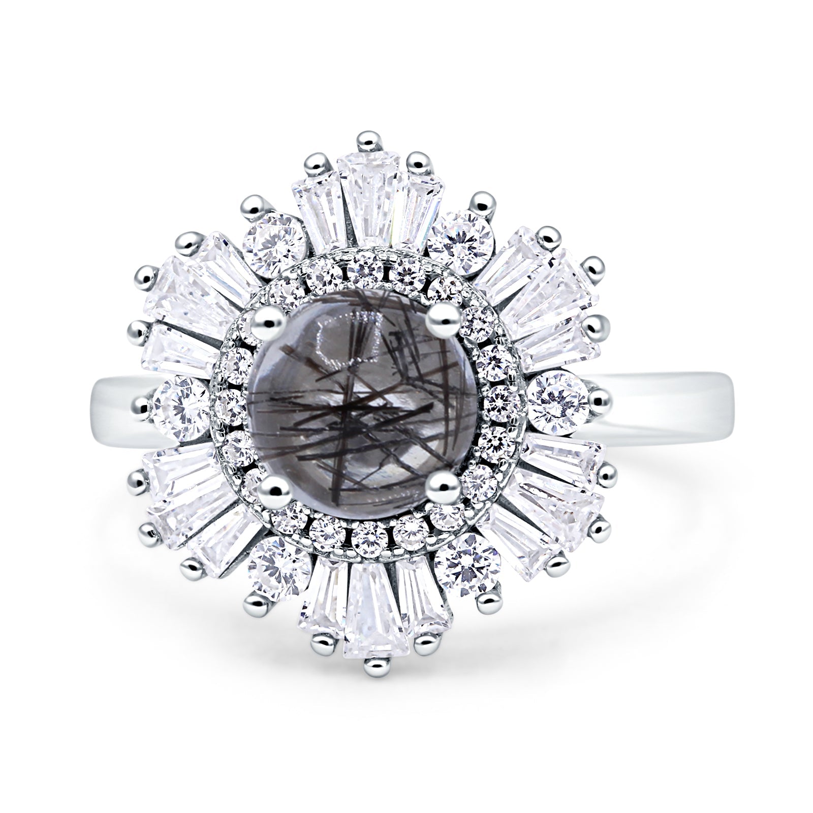 Floral Art Deco Round Natural Rutilated Quartz Halo Engagement Ring