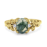 Leaf Style Oval Natural Green Moss Agate Vintage Engagement Ring