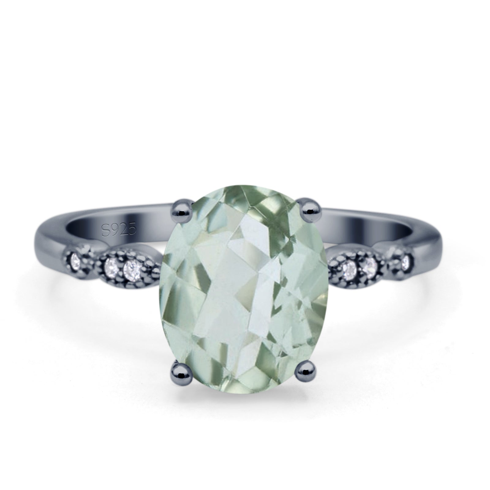 Solitaire Accent Oval Natural Green Amethyst Art Deco Engagement Ring