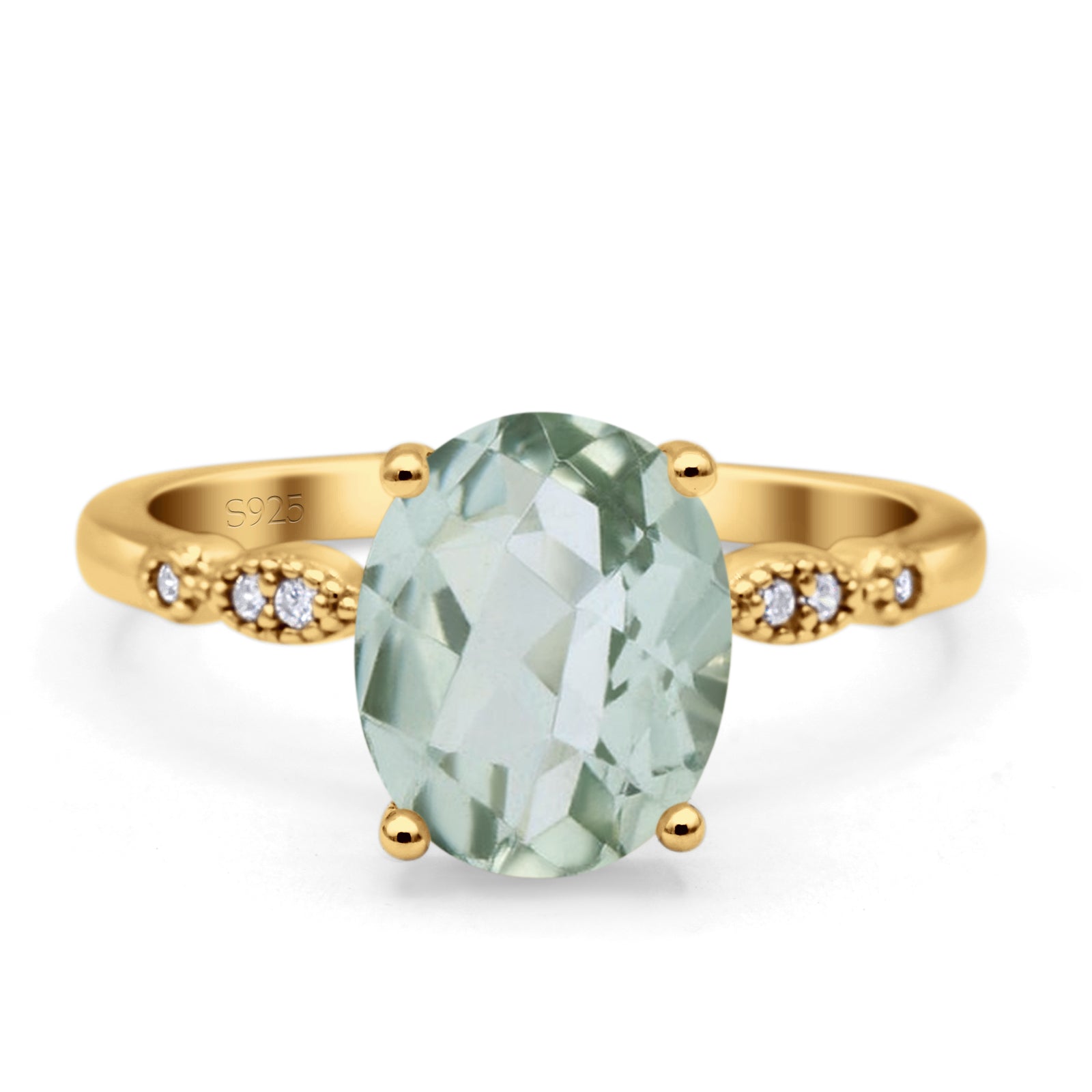 Solitaire Accent Oval Natural Green Amethyst Art Deco Engagement Ring